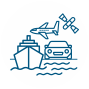 A blue line drawing of a boat and a car

Description automatically generated