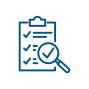 A blue and white checklist with a magnifying glass

Description automatically generated